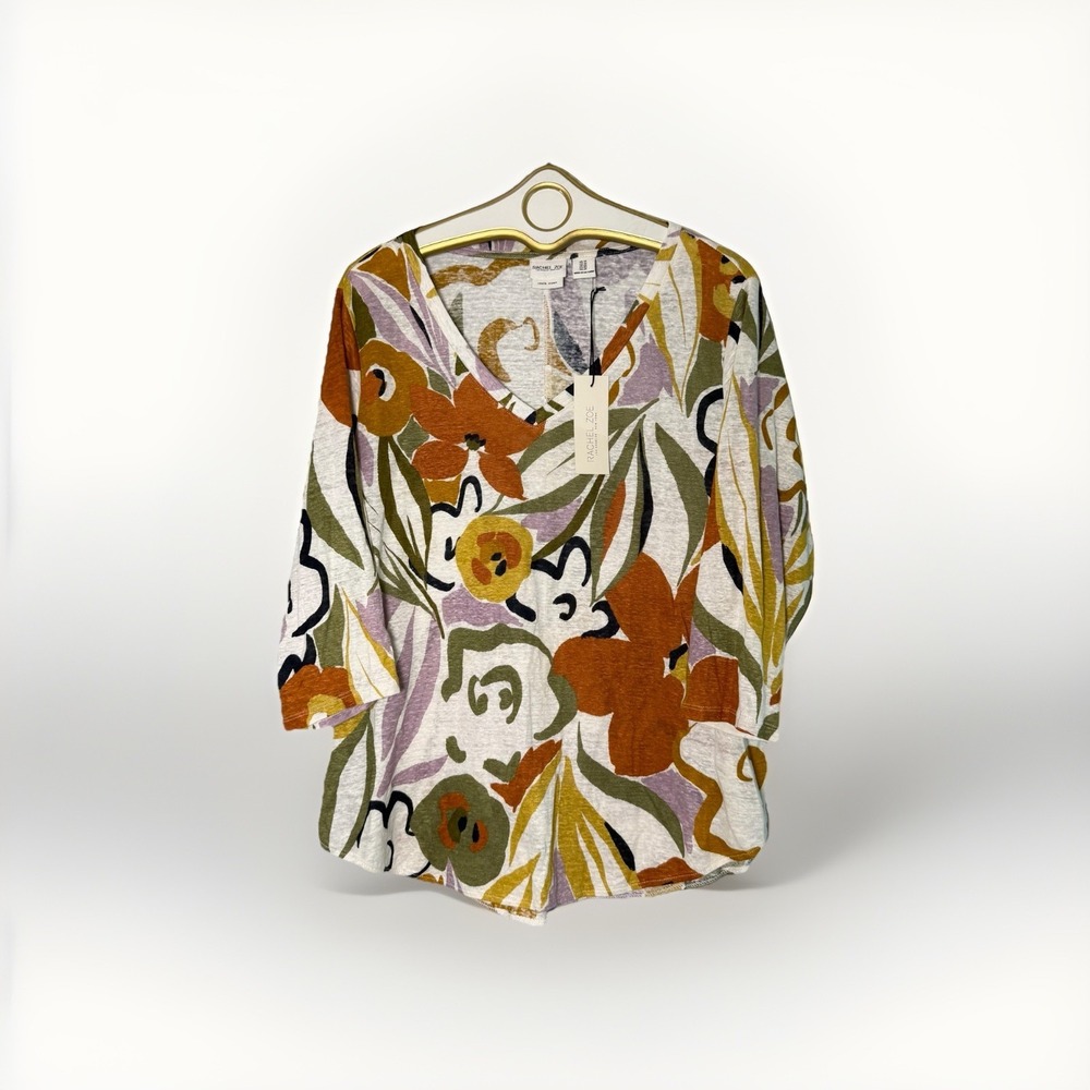 Rachel Zoe Womens 1X Multicolor Abstract Floral V-Neck 3/4 Sleeve Top Linen Boho